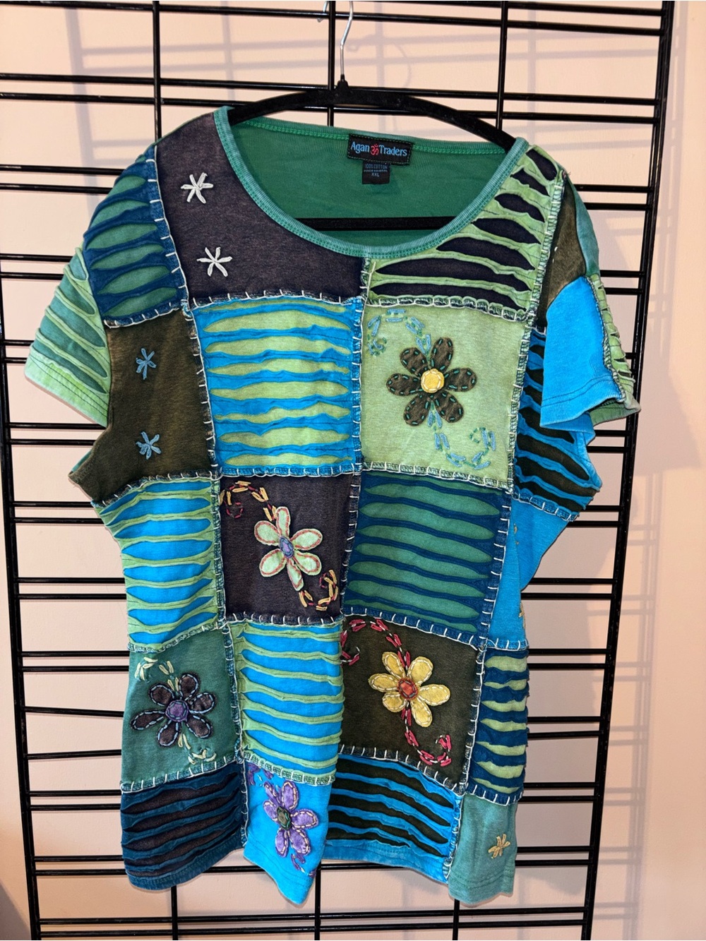 Patchwork Floral Short Sleeve Tee in Green & Blue - Artisan Style